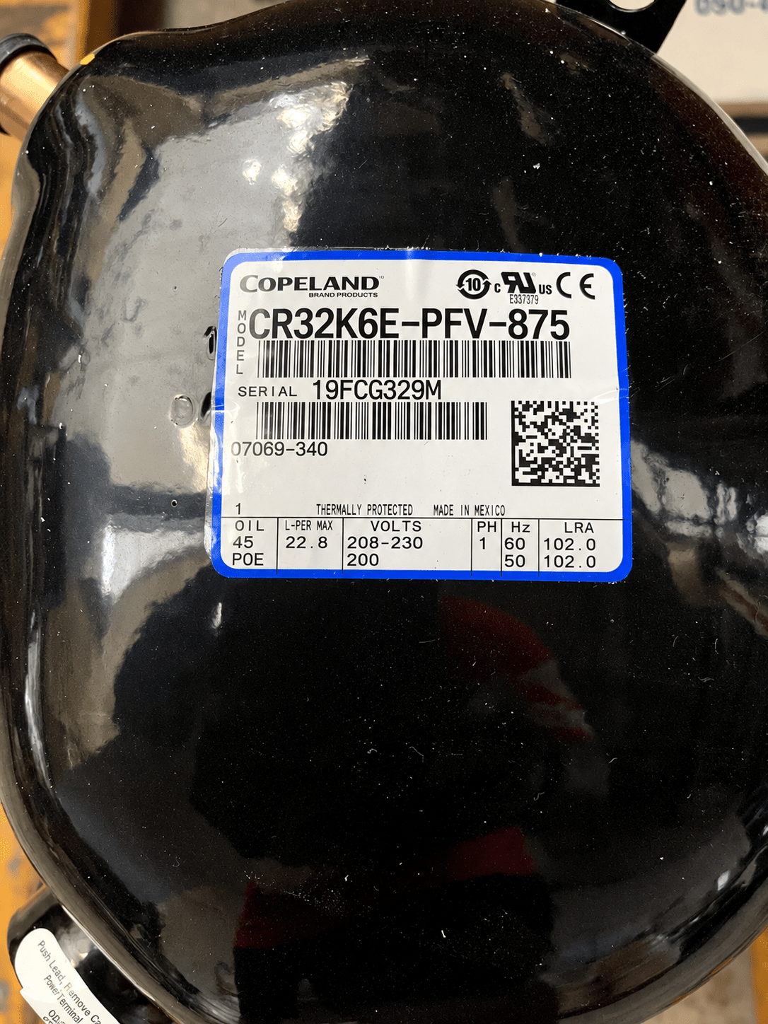 Copeland CR32K6E-PFV-875 Reciprocating Compressor | R-22 | 208/230V 1-Phase | 29,300 BTU - iComfort AC Supply