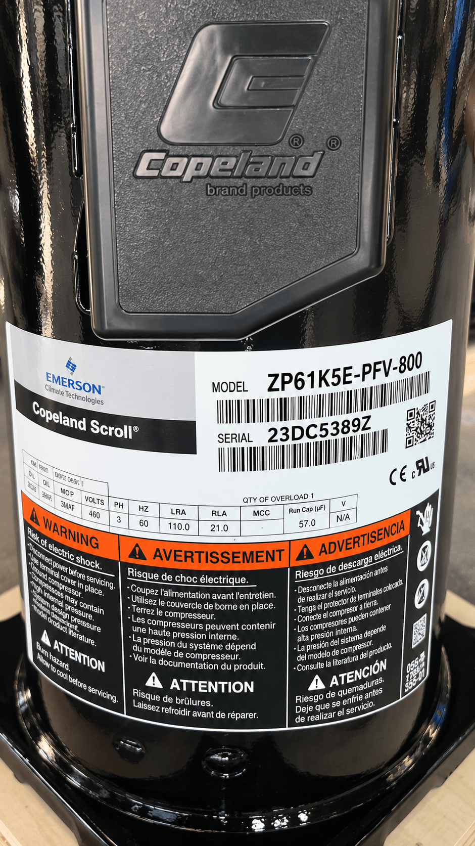Copeland ZP61K5E-PFV-800 Scroll Compressor | 5 Ton | R-410A | 208/230V 1-Phase | 61,500 BTU - iComfort AC Supply