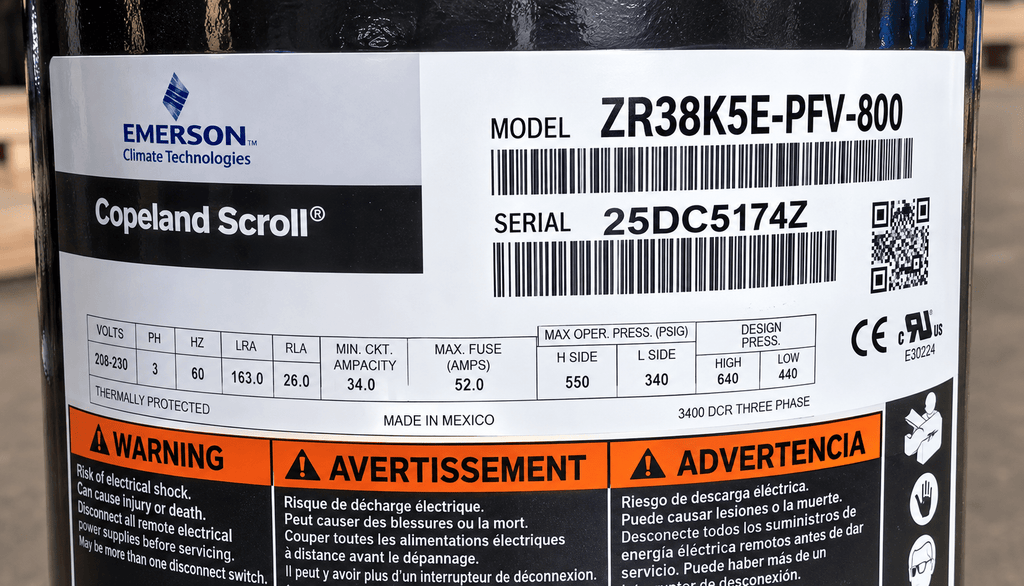 Copeland ZR38K5E-PFV-800 Scroll Compressor | 3 Ton | R-407C | 208/230V 1-Phase | 36,600 BTU | New - iComfort AC Supply