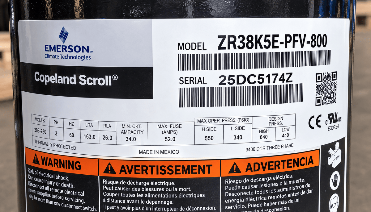 Copeland ZR38K5E-PFV-800 Scroll Compressor | 3 Ton | R-407C | 208/230V 1-Phase | 36,600 BTU | New - iComfort AC Supply